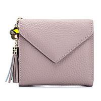 Women Card ID Holder Cowhide All Seasons Fold over Clutch Tassel Button Blushing Pink Red Light Gray LightBlue Black