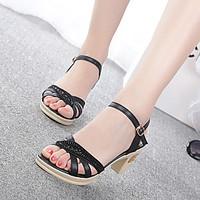 womens sandals comfort pu summer casual crystal buckle chunky heel bla ...