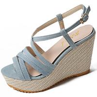 Women\'s Sandals Comfort PU Summer Casual Comfort Hook Loop Wedge Heel Dark Blue Light Blue Dark Brown 2in-2 3/4in