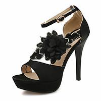 Women\'s Sandals Summer Club Shoes Leatherette Wedding Dress Party Evening Stiletto Heel Satin Flower Buckle Black Red