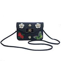 Women Mobile Phone Bag PU leatherette All Seasons Casual Event/Party Outdoor Sling Bag Rhinestone Embroidered Flower Clasp LockRed Black