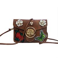 Women Mobile Phone Bag PU leatherette All Seasons Casual Event/Party Outdoor Sling Bag Rhinestone Embroidered Flower Clasp LockBrown Red