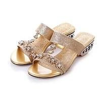 Women\'s Sandals Summer Comfort PU Casual Chunky Heel Rhinestone Blue Silver Gold