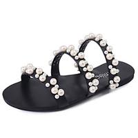 Women\'s Sandals Comfort PU Spring Summer Casual Walking Slouch boots Pearl Flat Heel Black Gray Flat