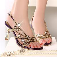 Women\'s Sandals Summer Club Shoes Nappa Leather Casual Stiletto Heel Rhinestone Purple Gold