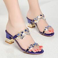 Women\'s Sandals Summer Club Shoes Nappa Leather Casual Chunky Heel Rhinestone Blue Purple Gold