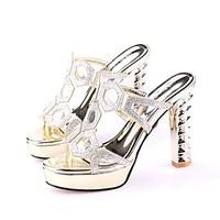 Women\'s Sandals Summer Club Shoes Leatherette Casual Chunky Heel Rhinestone Silver Gold