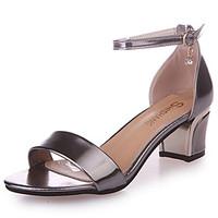 Women\'s Sandals Summer Comfort Patent Leather Casual Walking Chunky Heel Buckle Silver Gold