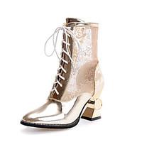 Women\'s Boots Spring Summer Fall Comfort Gladiator Club Shoes Tulle PU Wedding Casual Party Evening Spool Heel Lace-up Gold White Silver