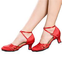 womens dance shoes latin satin chunky heel blackred