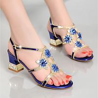Women\'s Sandals Summer Club Shoes Nappa Leather Party Evening Dress Casual Chunky Heel Rhinestone Blue Purple Gold