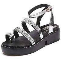 Women\'s Sandals Summer Comfort PU Outdoor Flat Heel Silver Black