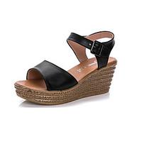 Women\'s Sandals Club Shoes Leather Summer Casual Wedge Heel Black White 3in-3 3/4in
