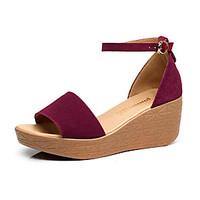 Women\'s Sandals Club Shoes Synthetic Summer Casual Wedge Heel Almond Ruby Fuchsia Black 3in-3 3/4in