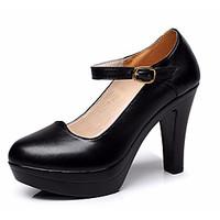 Women\'s Heels Basic Pump Leather Spring/Fall Office Career Basic Pump Chunky Heel Black White 3in-3 3/4in