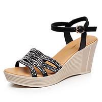 Women\'s Sandals Club Shoes Microfibre Summer Casual Wedge Heel Black White 3in-3 3/4in