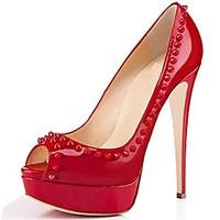 Women\'s Heels Summer Fall Club Shoes Leather Wedding Party Evening Dress Platform Rivet Red Black