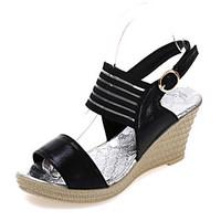 Women\'s Sandals Summer Comfort PU Outdoor Walking Wedge Heel Buckle Black White
