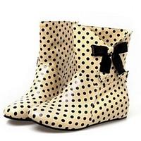 Women\'s Spring Fall Winter Rain Boots Patent Leather Casual Flat Heel Bowknot Polka Dot Black Green Almond