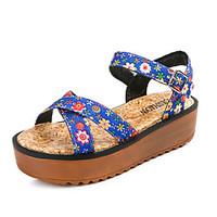 Women\'s Sandals Summer Comfort PU Outdoor Walking Flat Heel Buckle Blue Red