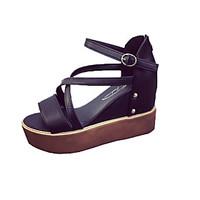 Women\'s Sandals Summer Comfort PU Outdoor Walking Wedge Heel Buckle Black White
