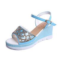 Women\'s Sandals Summer Comfort PU Outdoor Walking Wedge Heel Buckle Blue White