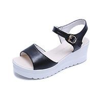 Women\'s Sandals Spring Summer Fall Club Shoes PU Outdoor Office Career Casual Walking Wedge Heel Platform Buckle Black White