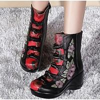 Women\'s Boots Fall Winter Leather Outdoor Chunky Heel Bowknot Flower Red Others