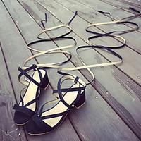 womens sandals summer ankle strap fleece casual chunky heel lace up bl ...