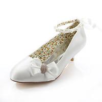 Women\'s Spring Summer Fall Silk Wedding Dress Party Evening Low Heel Crystal Ribbon Tie Ivory