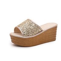 Women\'s Slippers Flip-Flops Sandals Comfort Club Shoes Patent Leather Spring Summer Dress Casual Sequin Wedge Heel Gold Black Sliver