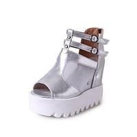 Women\'s Sandals Spring Summer Fall Club Shoes Leatherette Outdoor Office Career Casual Walking Wedge Heel Platform Buckle Silver Black