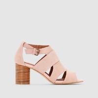 Wooden Look Round Heel Leather Sandals