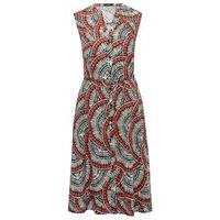 Women\'s Ladies sleeveless notch neck tribal fan print linen mix a-line midi shirt dress