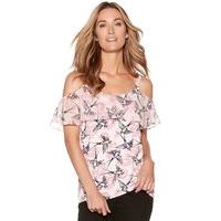 womens ladies pink jersey cold shoulder bird print chiffon frill bardo ...