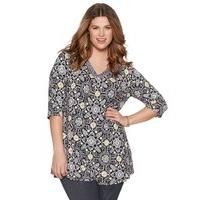 Women\'s Ladies Plus size stretch jersey half sleeve V-neck tile print casual tunic top