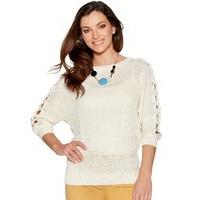 Women\'s Ladies scoop neckline three quarter length sleeve plain cut out detail cable knit jumper
