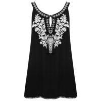 Women\'s Ladies soft jersey Sleeveless tie neck pom pom hem Embroidered tassel halter top