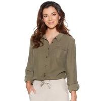 Women\'s Ladies khaki three quarter length tabbed sleeve button down casual tencel shirt