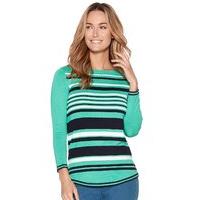 Women\'s Ladies lightweight knit green three quarter length sleeve boat neck stripe pattern curve hem jumper