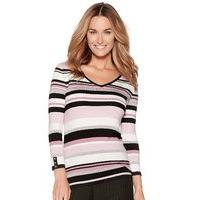 Women\'s Ladies light stretch knit three quarter length V neck colour block metallic stripe pattern jumper