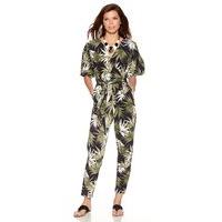 Women\'s Ladies palm jungle leaf print wrap over v neck tie waist belt full length jumpsuit