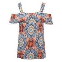 womens ladies orange and blue tile print cold shoulder chunky strap pu ...