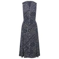 Women\'s Ladies sleeveless lightweight shell fabric relaxed fit navy tile print button down front midi dress