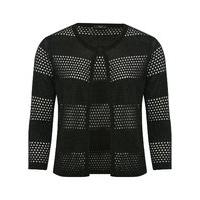 womens ladies black stripe cropped open front pull over pointelle knit ...