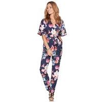 Women\'s Ladies lightweight jersey floaty half sleeve wrap over V neck floral print tie waist jumpsuit