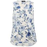 Women\'s Ladies Sleeveless Blue and White Floral Print Split Layer Frill Front Top