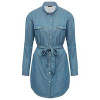 Women\'s Ladies long adjustable sleeve mid wash button fasten tie waist belt chambray tunic shirt