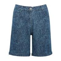 Women\'s Ladies cotton stretch blend high waist turned hem blue wash paisley print denim shorts