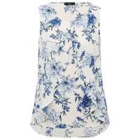 Women\'s Ladies Sleeveless Blue and White Floral Print Split Layer Frill Front Top